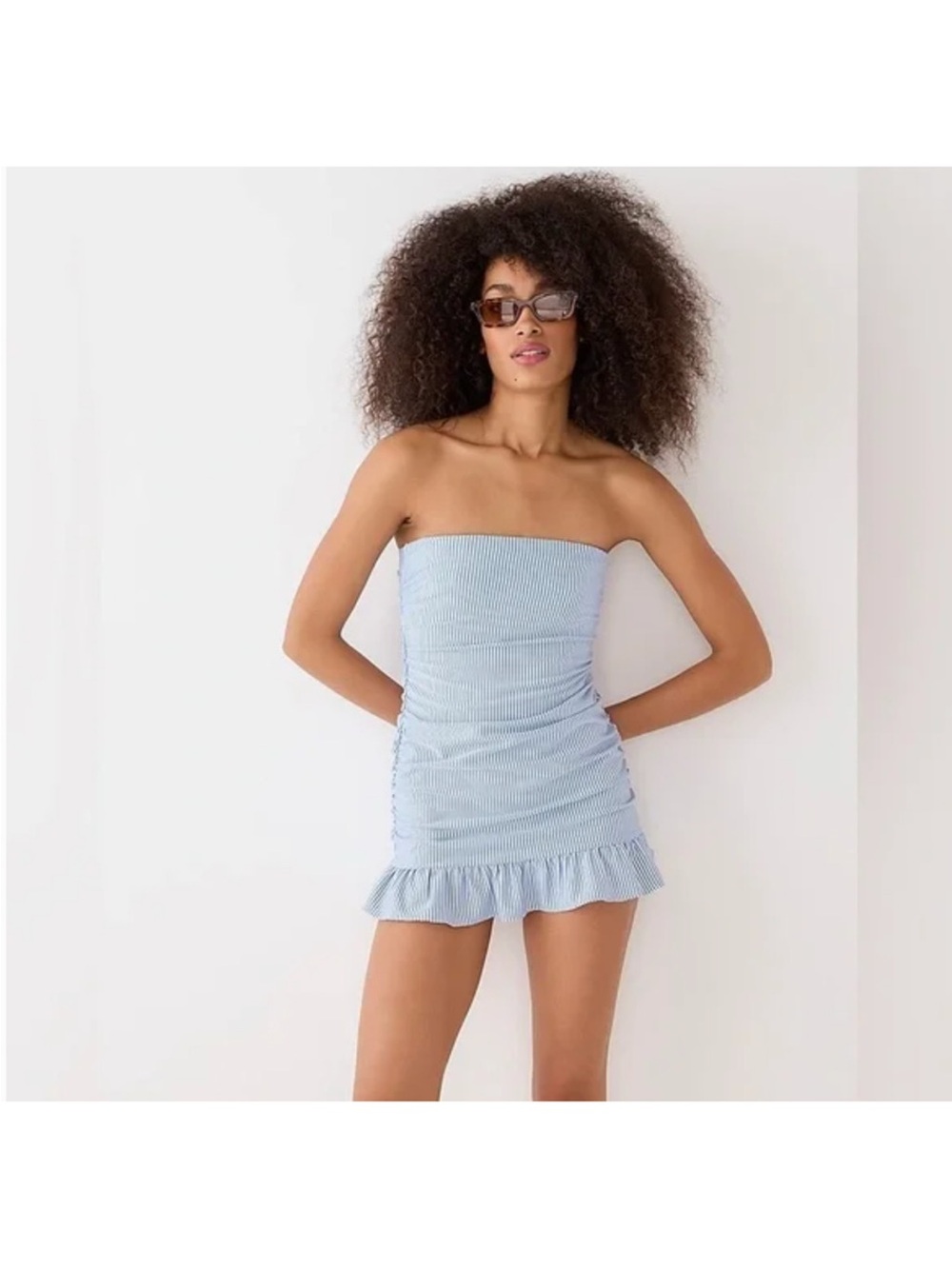 J. Crew Strapless Ruffle Hem Swim Dress Seersucker Stripe 10